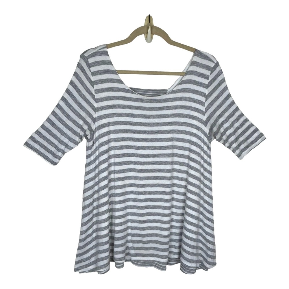 Anthropologie Puella Women's Top Blouse L Gray White Stripe Nautical Coastal USA
